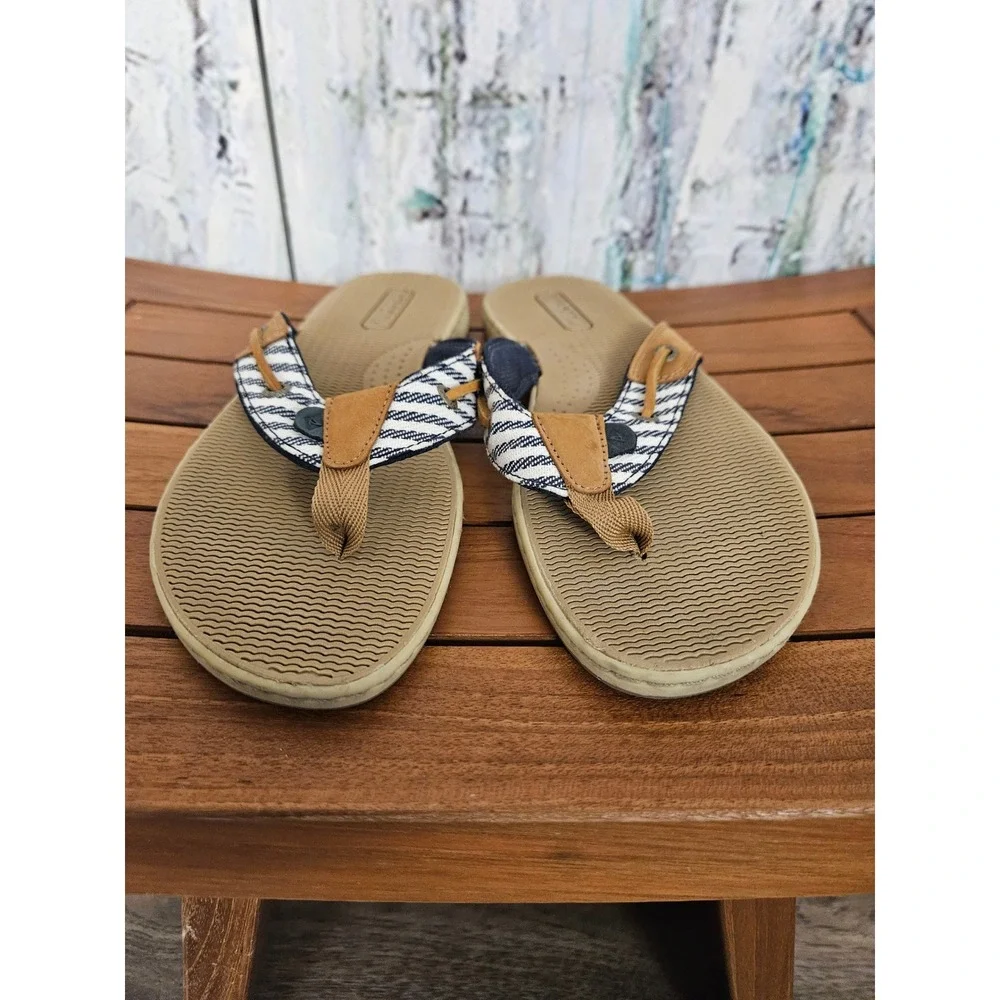 Sperry Seafish Flip Flop 7.5M Tan Blue Nautical Striped Leather Thong Sandals